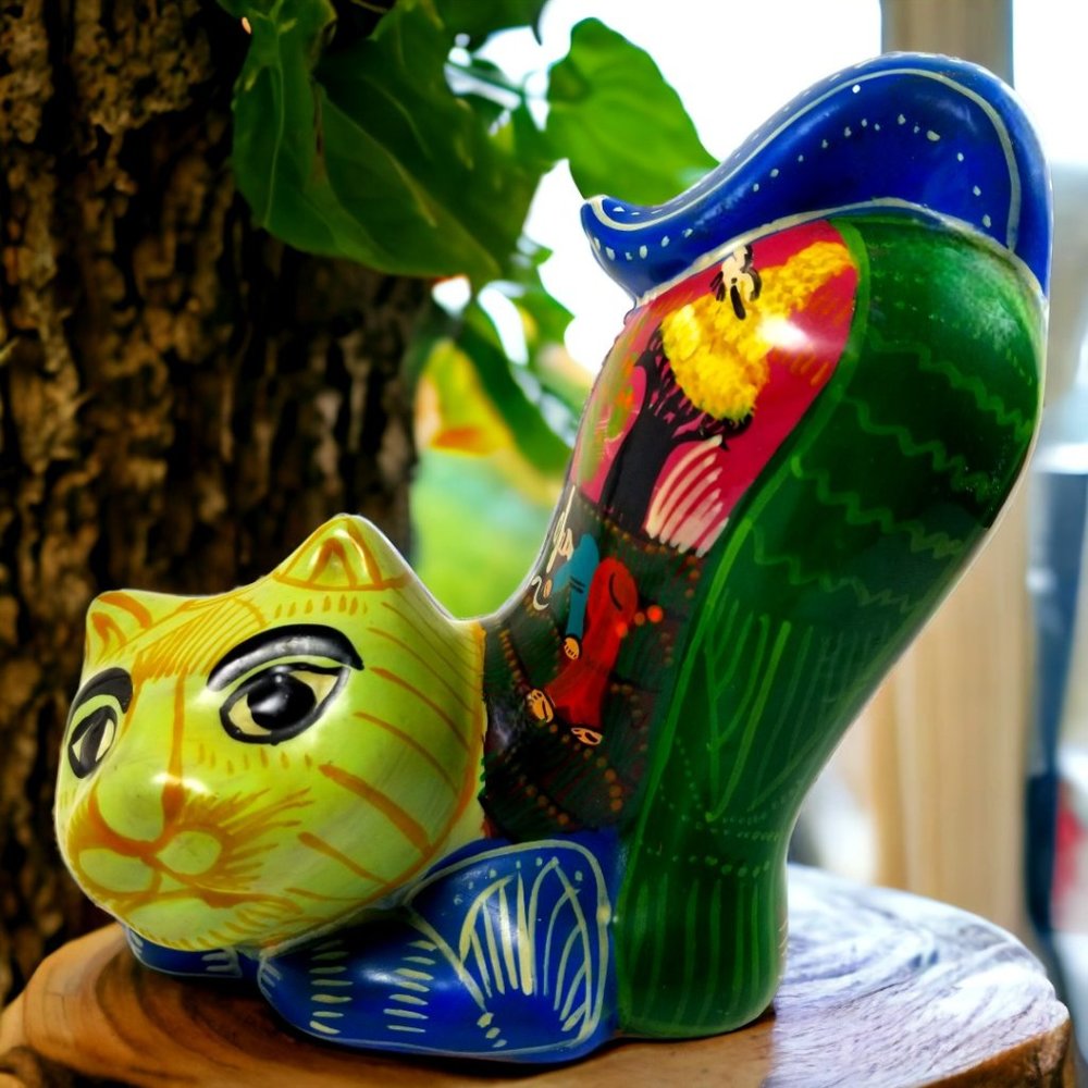 Ceramic Cat Figurine Colorful Red Clay Folk Art Hand Painted Cat Scenic Village